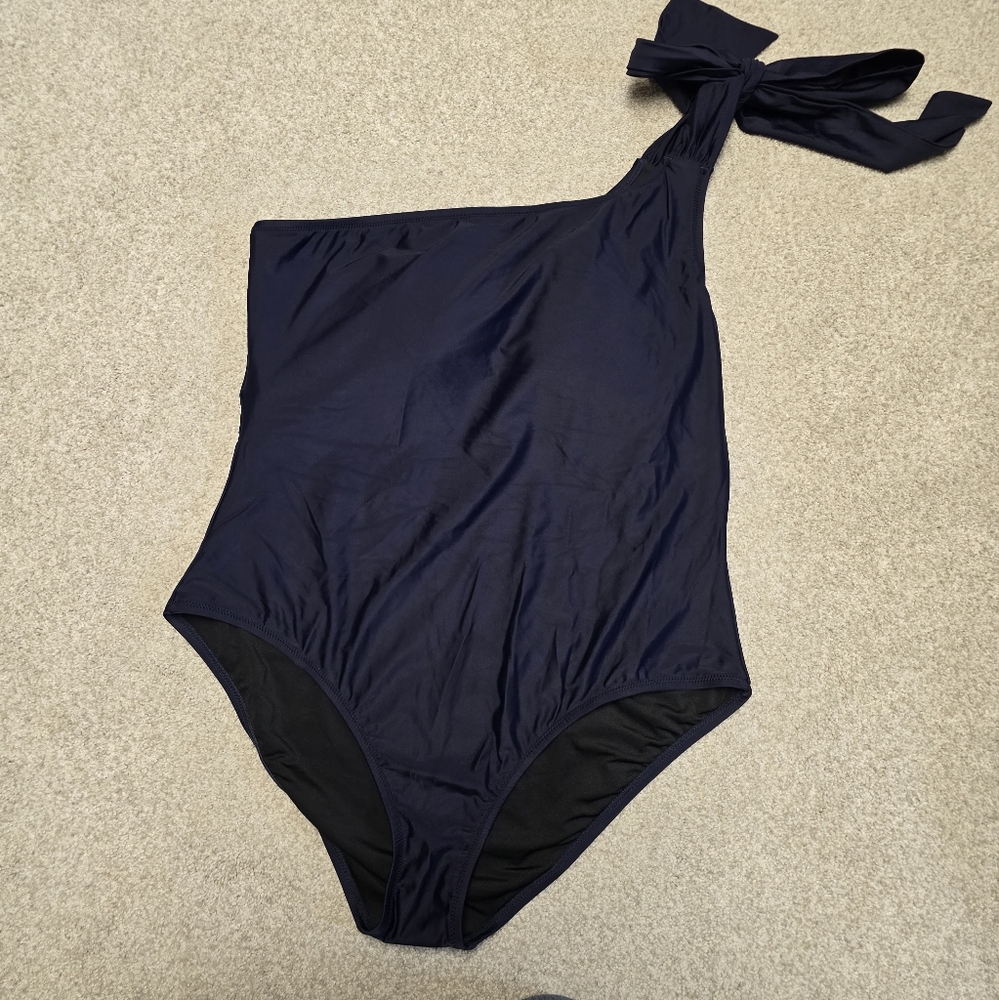NWT J. Crew Navy Blue Bow Tie One Shoulder One-Piece Swimsuit Size 20